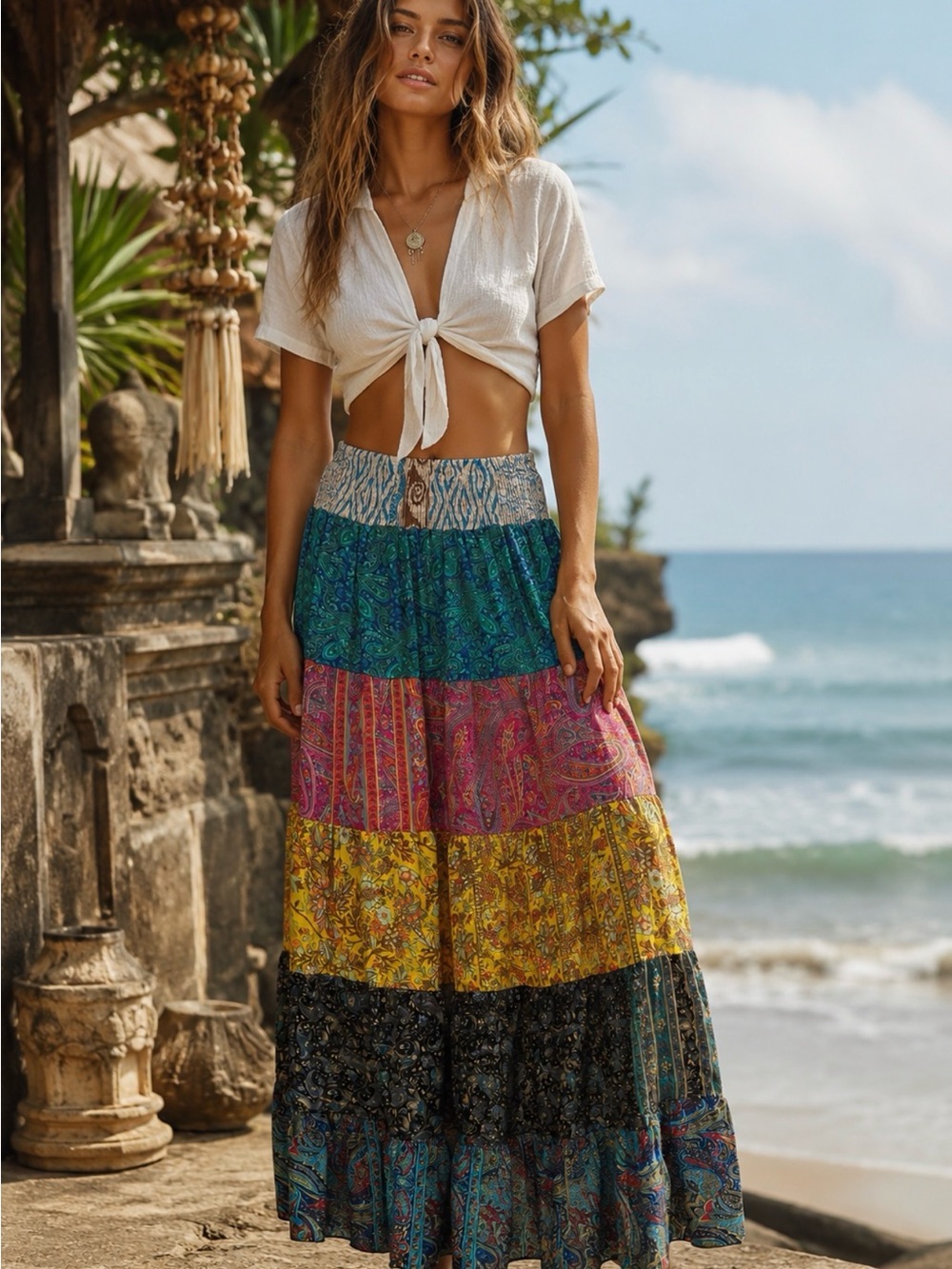 Boho Patchwork Tiered Maxi Skirt in Multi-Color
